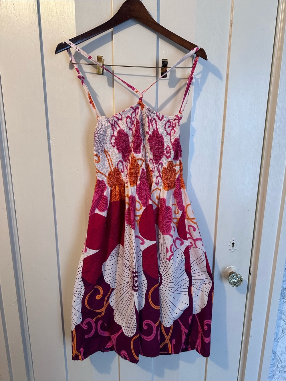 Floral Smocked Midi Dress in Pink, Purple & Orange